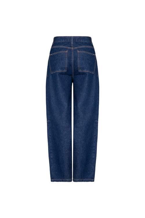 Calça Barrel Raw Denim Lavagem Escura