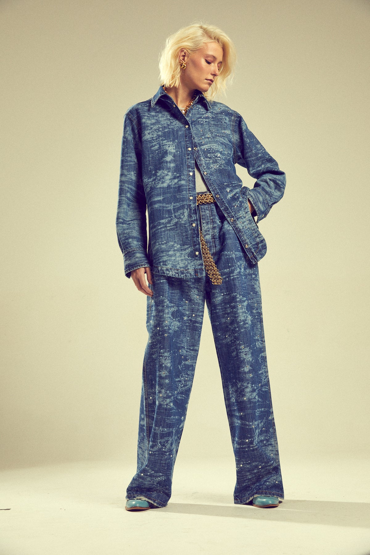 Camisa Laser Ondas Denim Lavagem Média