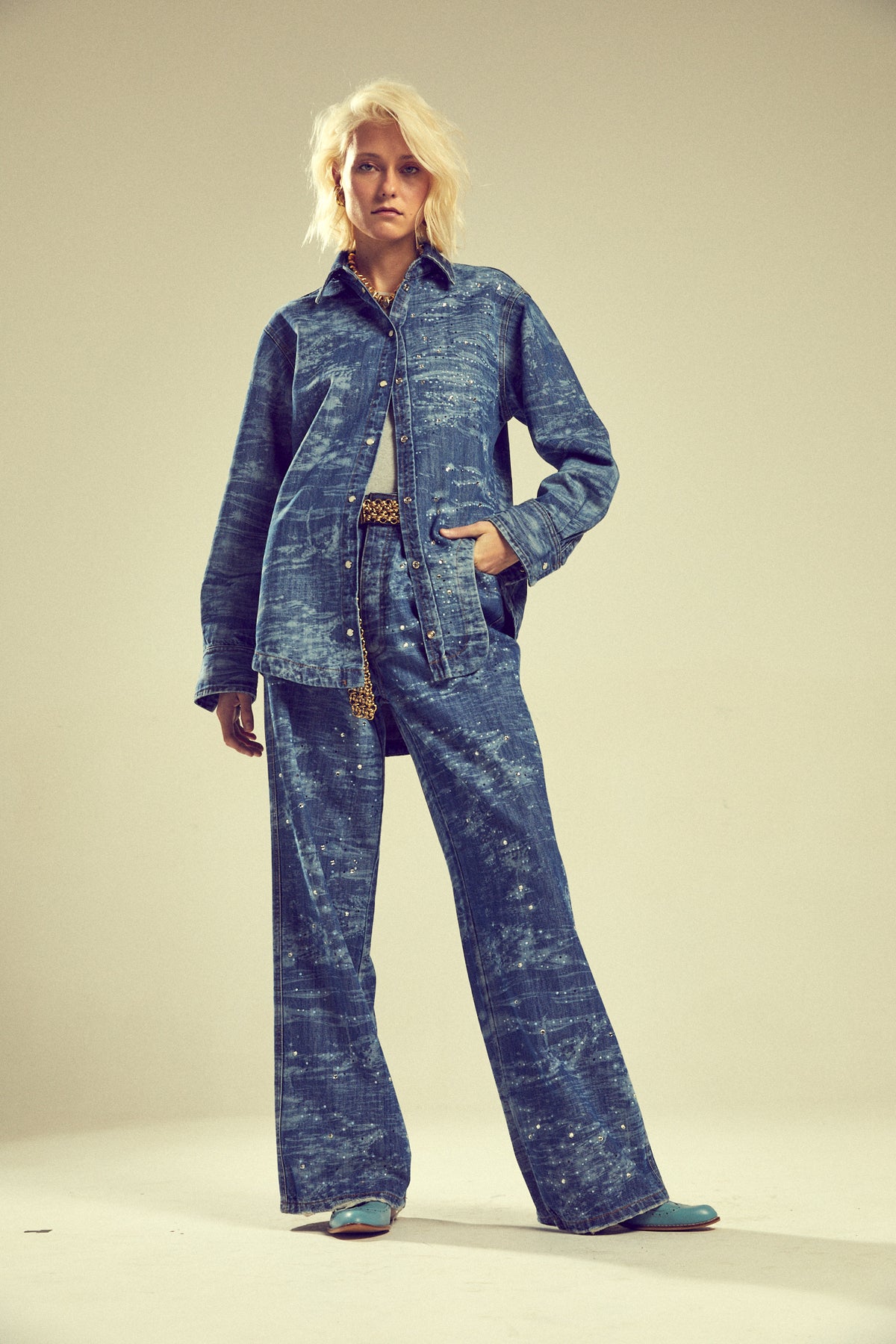 Camisa Laser Ondas Denim Lavagem Média